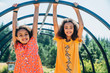 © Inti St. Clair - Smiling happy girls hanging from bars in playground