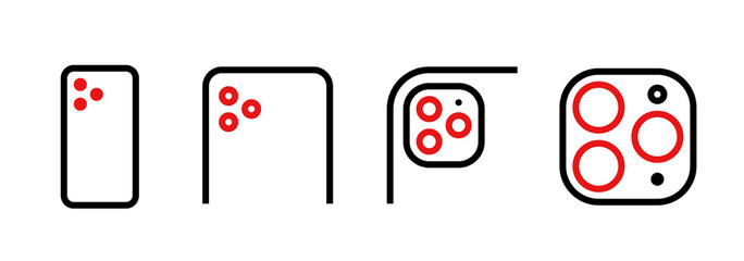 Wall Mural - Set of module triple camera of different scale icons. Editable line vector.