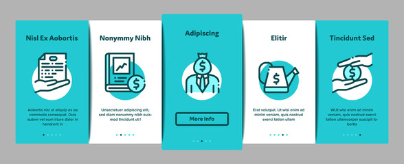 Poster - Crowdfunding Business Onboarding Mobile App Page Screen Vector. Crowdfunding Financial Web Site And Book, Dollar Banknote And Coin, Brain And Box Color Contour Illustrations