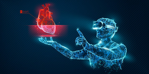 VR wireframe headset vector banner. Polygonal man wearing virtual reality glasses, with holographic of heart. Science, diagnostics, virtual analytics, analysis. VR games. Thank you for watching