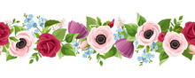 Vector Horizontal Seamless Border With Red, Pink, Purple And Blue Anemones, Roses And Forget-me-not Flowers On A White Background.