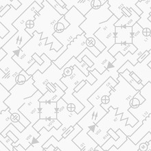 Circuit Diagram Seamless Pattern. Electrical Vector Texture. Black And White Elementary Diagonal Background