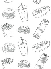 Poster - Vector seamless pattern of hand drawn doodle sketch fast food isolated on white background