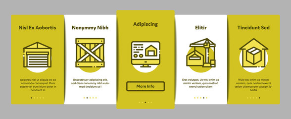 Poster - Warehouse And Storage Onboarding Mobile App Page Screen Vector. Warehouse Building And Construction, Wooden Box And Loader Car, Crane And Truck Color Contour Illustrations