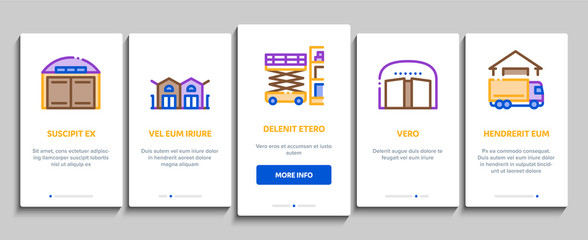 Poster - Warehouse And Storage Onboarding Mobile App Page Screen Vector. Warehouse Building And Construction, Wooden Box And Loader Car, Crane And Truck Color Contour Illustrations