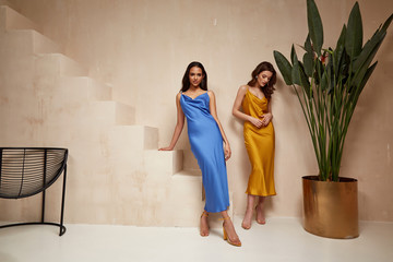 Wall Mural - Two pretty beautiful woman brunette hair natural makeup wear fashion clothes sexy silk long dress midi style date party walk sandals interior studio stairs flowerpot summer journey romantic friends.