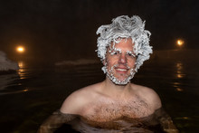 Man With Frozen Hair After Sitting In Hot Springs In Yukon Territory, Canada. Taken In -36 Celsius Temperatures. 