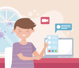 meeting online, young man with laptop message bubbles speak work