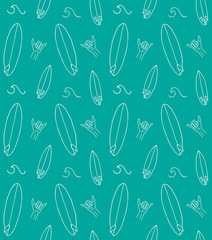 Poster - Vector seamless pattern of white hand drawn doodle sketch surf board and wave pattern isolated on mint turquoise background