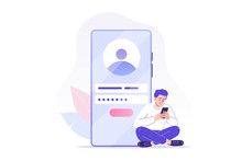 Online Registration And Sign Up Concept. Young Man Signing Up Or Login To Online Account On Smartphone App. User Interface. Secure Login And Password. Vector Illustration For UI, Mobile App, Web 