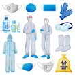© Qualit Design - Medical personal protective equipment from viral infection and pollution. Vector illustration of protection clothes