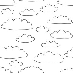 Simple cartoon clouds on white background: trnsparent seamless pattern, sky background, wallpaper design. Vector graphics.