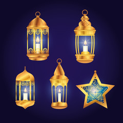 Poster - set lanterns with star of eid mubarak decoration vector illustration design