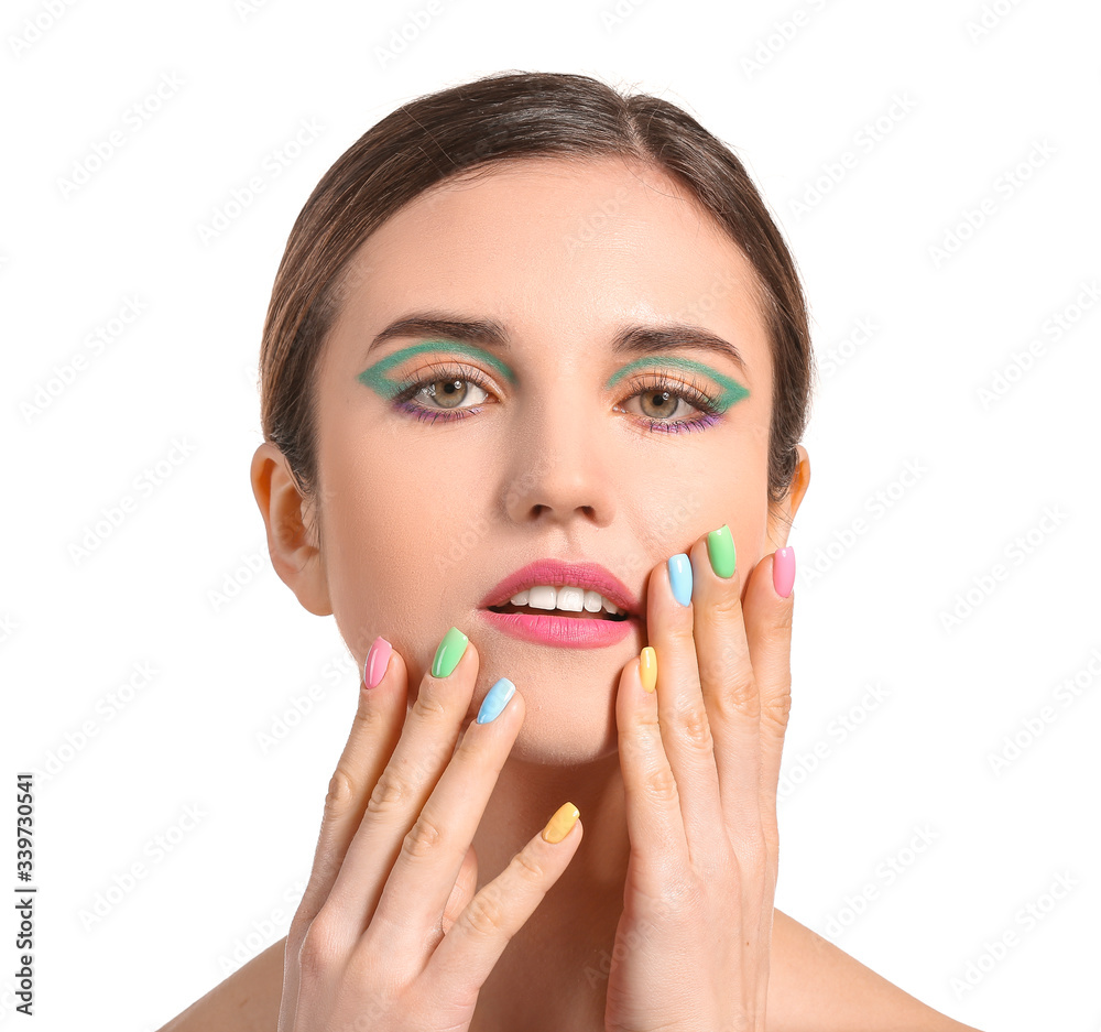 Young woman with beautiful manicure on white background