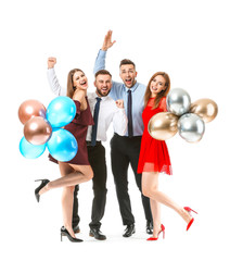 Sticker - Happy young people with air balloons on white background