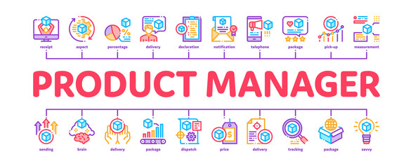Poster - Product Manager Work Minimal Infographic Web Banner Vector. Product Manager Business Idea And Price, Web Site And Research, Checklist And Analysis Illustrations