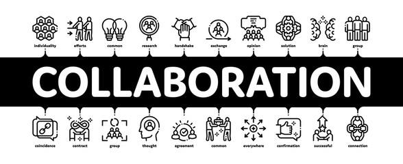 Poster - Collaboration Work Minimal Infographic Web Banner Vector. Human And Brain Collaboration, Worker Research And Handshake, Cooperation And Organization Illustrations