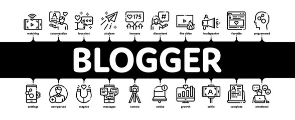 Poster - Blogger Internet Social Channel Minimal Infographic Web Banner Vector. Blogger Web Site And Likes, Photo Camera And Bell, Loudspeaker And Magnet Illustrations