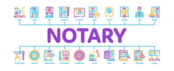 Poster - Notary Service Agency Minimal Infographic Web Banner Vector. Agreement And Law Research, Document With Stamp And Signature, Notary Service Information Illustrations