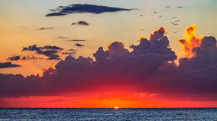 sunset over the ocean, red, sky, purple, clouds, summer, landscape, island, sun, horizon, coast