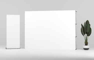 Wall Mural - roll up and wall stand banner mockup. 3d render.