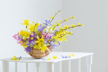Spring Flowers In Basket On White Interior