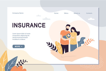 Wall Mural - Insurance and healthcare landing page template. Big hands covering tiny people with newborn baby.