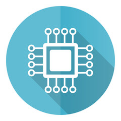 Poster - Circuit blue round flat design vector icon isolated on white background, technology, chip, processor illustration in eps 10