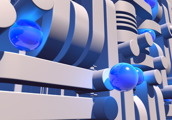 Poster - White industrial or technology abstraction with shiny blue balls and connection pipes. 3D illustration