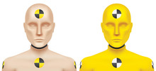 Crash Test Dummy, Vector Illustration. Set Of Skin And Yellow Colour, Car Safety Testing Manikins, Looking At Camera, Isolated On A White Background.