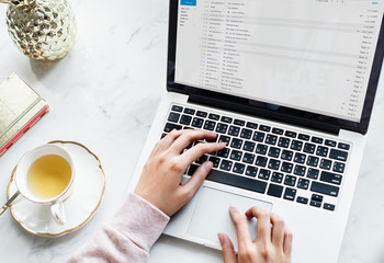 Wall Mural - aerial view of woman using a computer laptop and a cup of tea