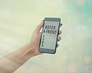 Poster - Handwriting text Refer A Friend. Conceptual photo direct someone to another or send him something like gift
