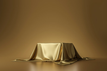 golden luxurious fabric placed on top pedestal or blank podium shelf on gold background with luxury 