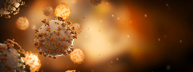Poster - Microscopic close-up of the covid-19 disease. Coronavirus illness spreading in body cell. 2019-nCoV analysis on microscope level 3D rendering