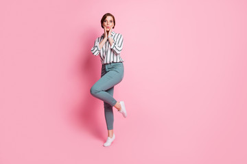 Poster - Full length photo of astonished funky youth girl hear incredible information feel stupor scream wow touch hands cheeks wear modern outfit isolated over pink color background