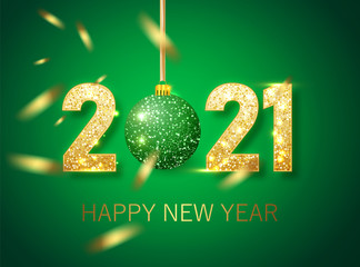 Happy new year 2021 banner.Golden green Vector luxury text 2021 Happy new year. Gold Festive Numbers Design. Happy New Year Banner with 2021 Numbers