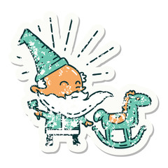 grunge sticker of tattoo style santa claus christmas character making toy