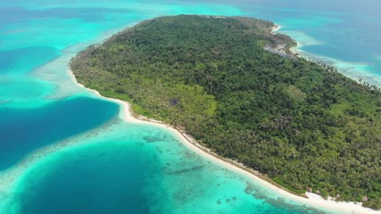 Wall Mural - Aerial: flying over exotic tropical island secluded destination away from it all, coral reef caribbean sea turquoise water white sand beach. Indonesia Sumatra Banyak islands.