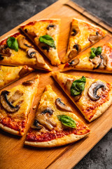 Wall Mural - Freshly making pizza with mushrooms served on the rustic background. Selective focus. Shallow depth of field.