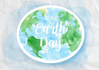 Poster - White wording of Earth day on Earth and abstract blue paper pattern background. Earth day poster campaign in watercolor and paper cut out style with vector design.