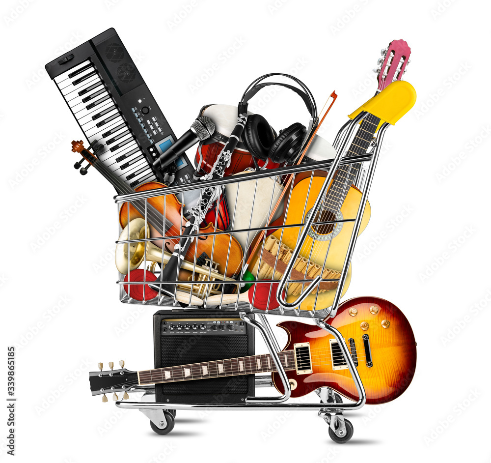 stack pile collage of various musical instruments in shopping cart. Electric guitar violin piano keyboard bongo tamburin harmonica trumpet. store online shop studio music concept isolated background - obrazy, fototapety, plakaty 