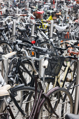 Downtown urban parking lot for bikes in Copenhague. Transport