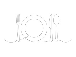 Continuous cooking icons line stock vector illustration isolated on white background. Fork, spoon, plate and knife one line.