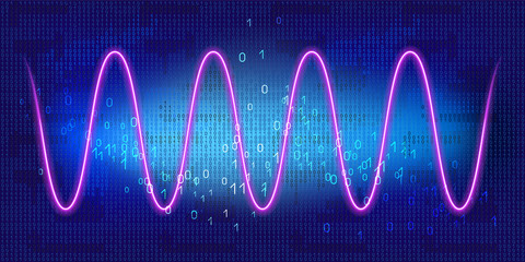 Wall Mural - Graph with neon periodic sinusoidal curve on blue background with binary code. Concept of technology of discrete data transfer in computer network.