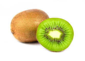 Close up of kiwi fruit and slice kiwi isolated on white background