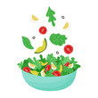Healthy salad with avocado, cucumber, tomato, green leaves, olives, lettuce in blue bowl isolated on white background. Vector illustration.