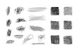 Vector scribble design elements collection, black freeand drawings isolated on white, hatching, shaded squares.