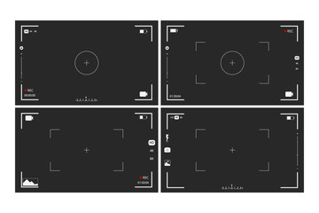 Camera viewfinder rec set collection on transparent black background. Record video snapshot photography