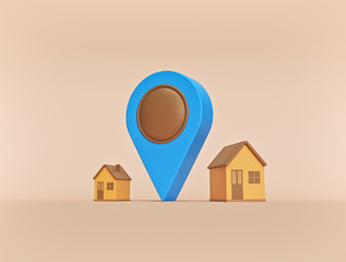 Poster - Houses and location pointer pin. minimal style. 3d rendering