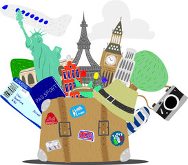 Wall Mural - old traveler's suitcase with stickers and attractions, vector